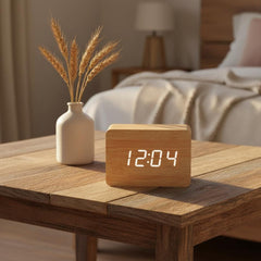 Wooden Digital Alarm Clock with Temperature, LED Desk Clock