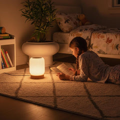 Minimalist Wooden Base Table Lamp Ribbed Plastic Shade USB C Dimmable Bedside Light