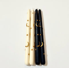 Hand-Painted Celestial Taper Candles: Stars, Moon, Scented Soy-Beeswax Blend (Set of 2)