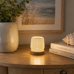 Small Minimalist Bedside Lamp, Modern Wood Base Accent Light, Soft Warm LED Table Lamp