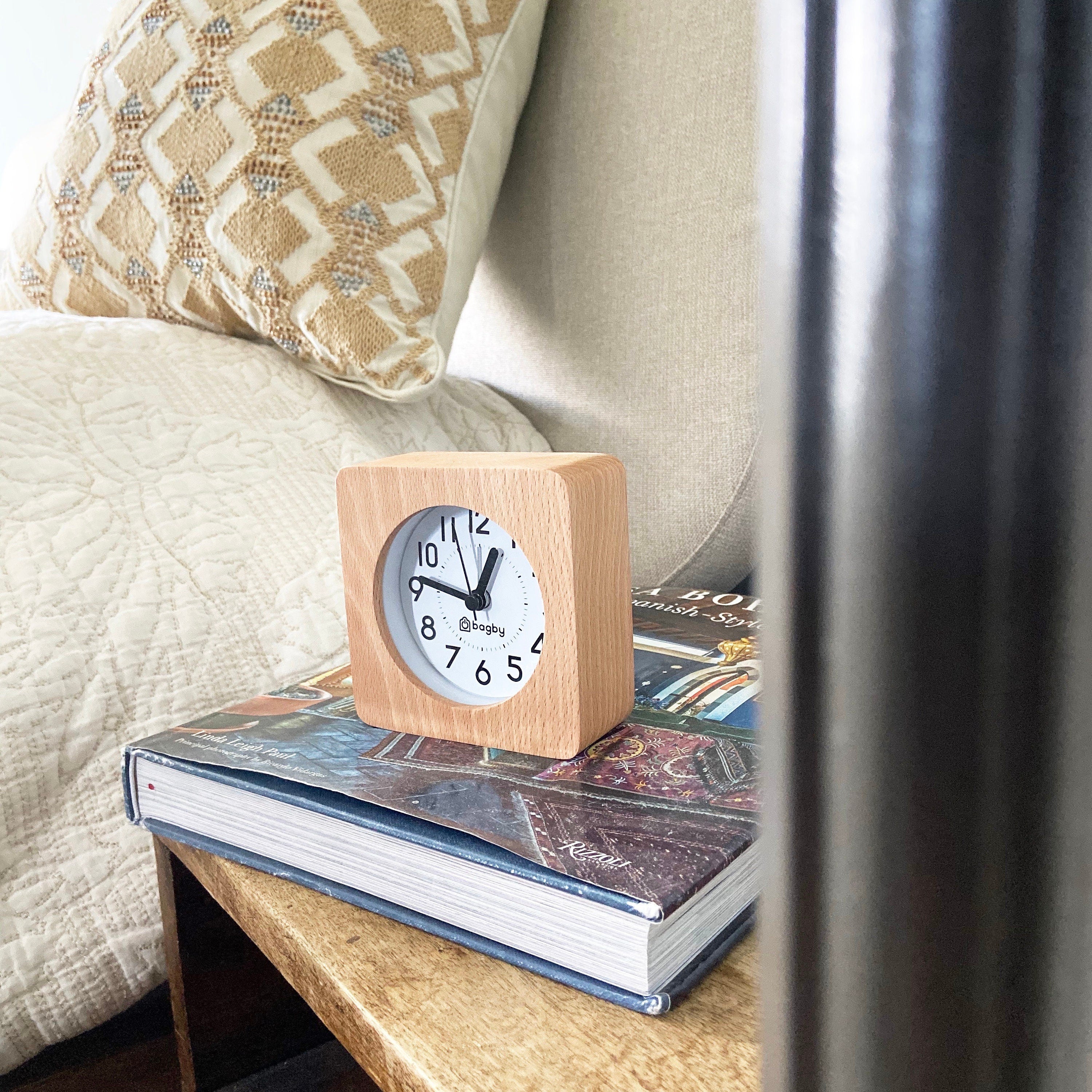 Analog Alarm Clock, Silent, Real Wood, Snooze, Large Numbered Dial, Night Light, Gentle Alarm