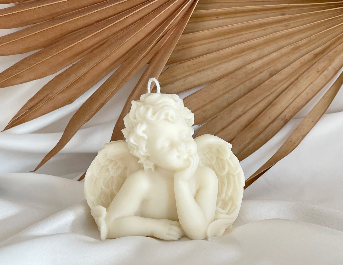 Angel Cherub Candle, Organic Soy Wax Sculptural Decor, 9x8cm