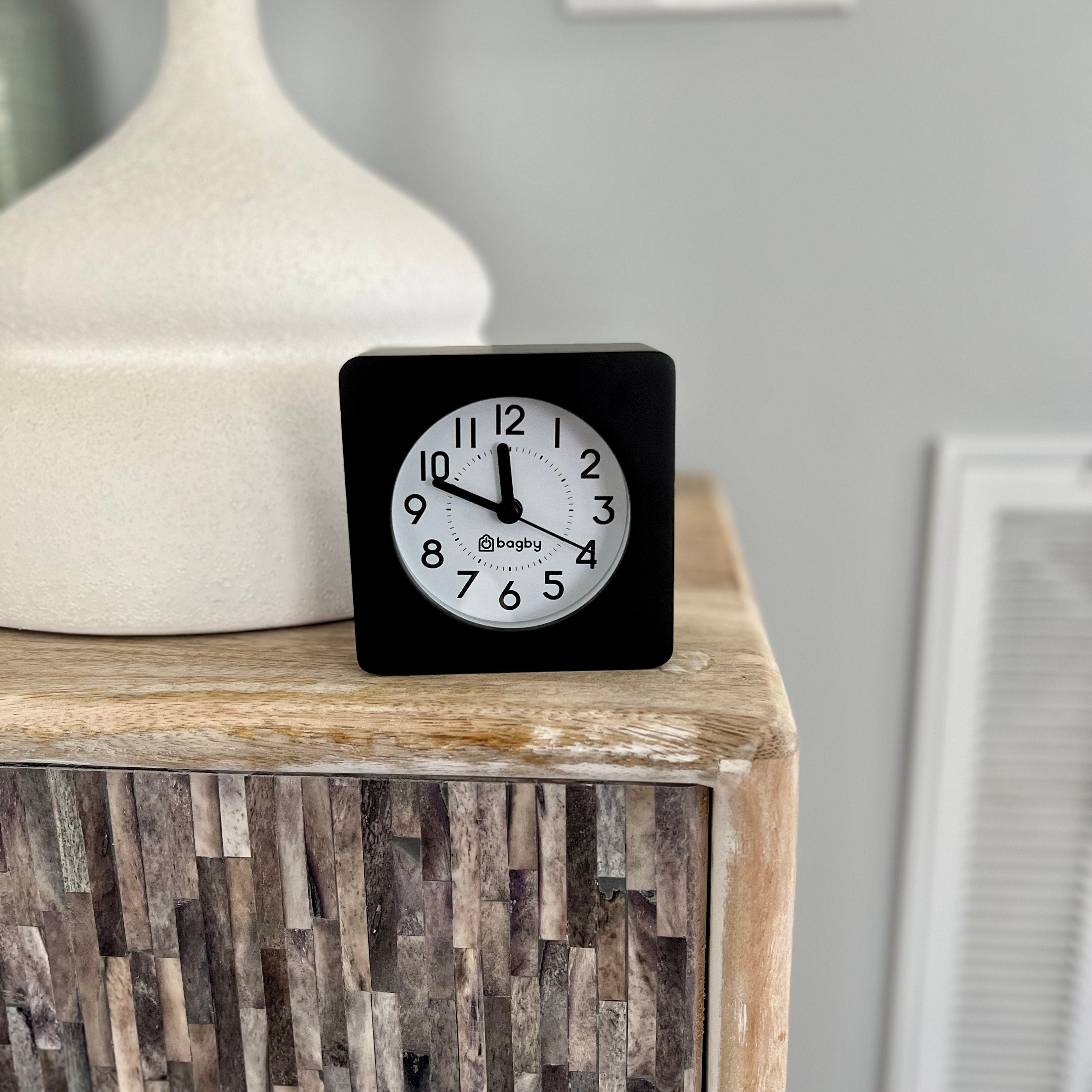 Black Analog Alarm Clock, Silent, Real Wood, Snooze, Large Numbered Dial, Night Light