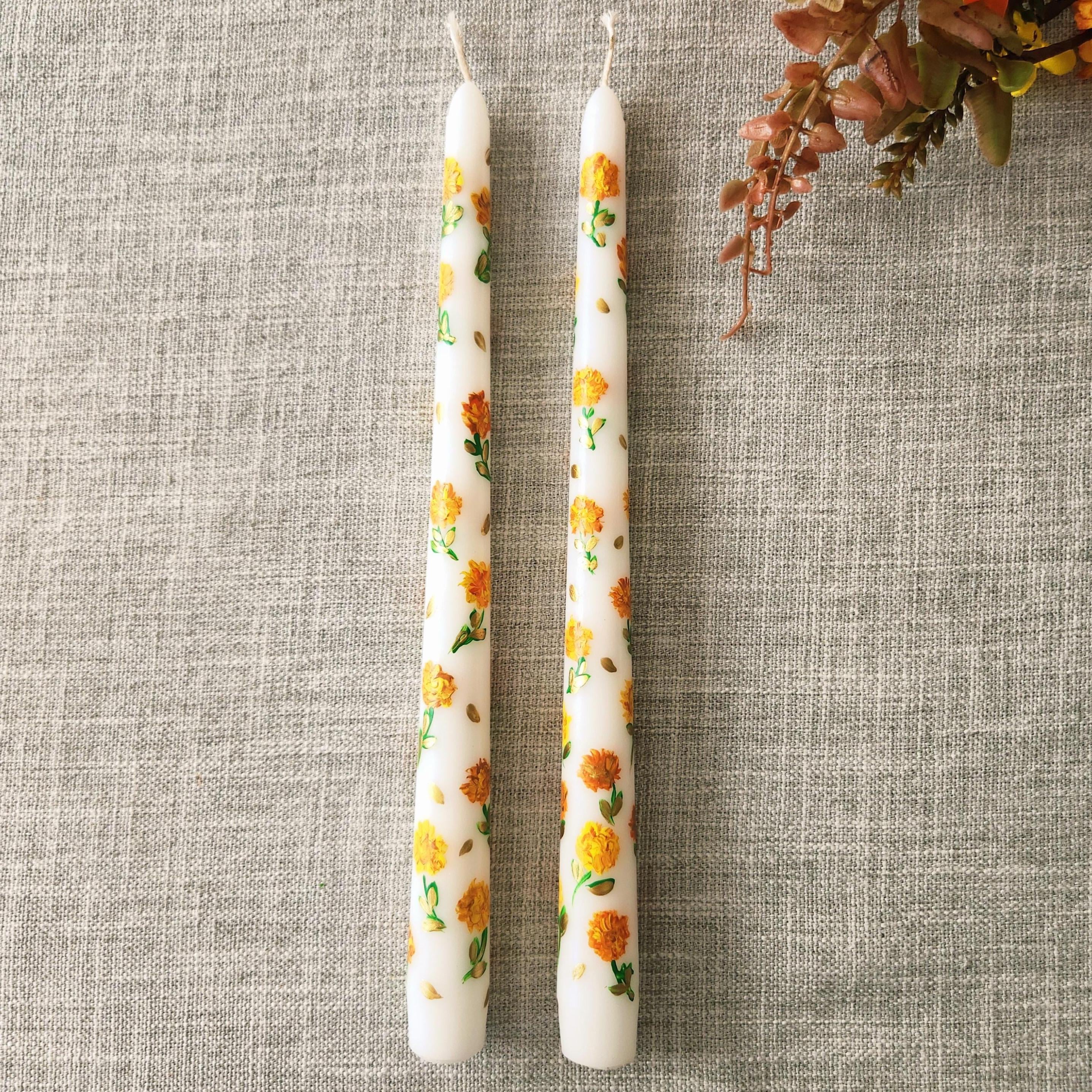 Hand-Painted Marigold Taper Candles – Set of 2, Autumn Decor