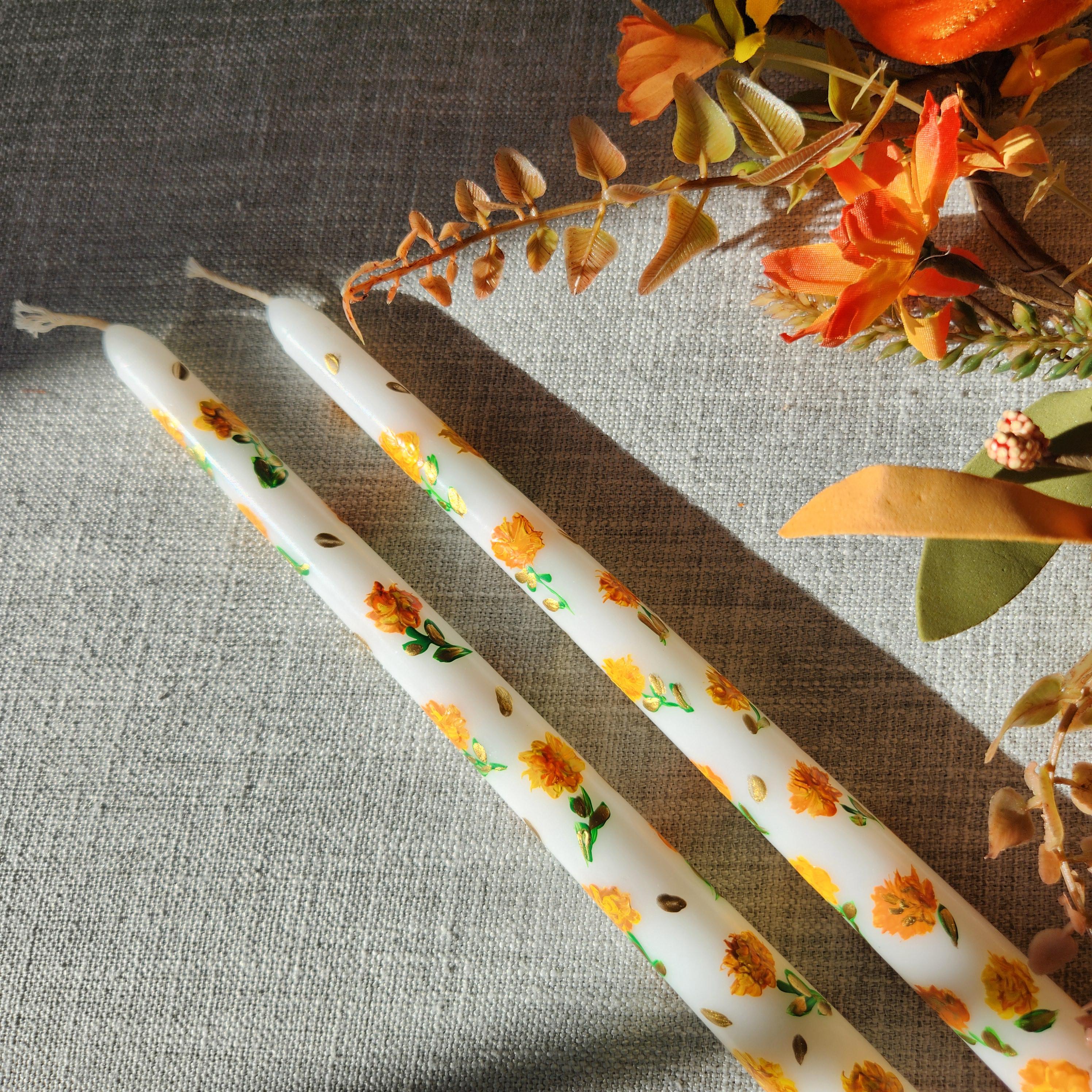 Hand-Painted Marigold Taper Candles – Set of 2, Autumn Decor