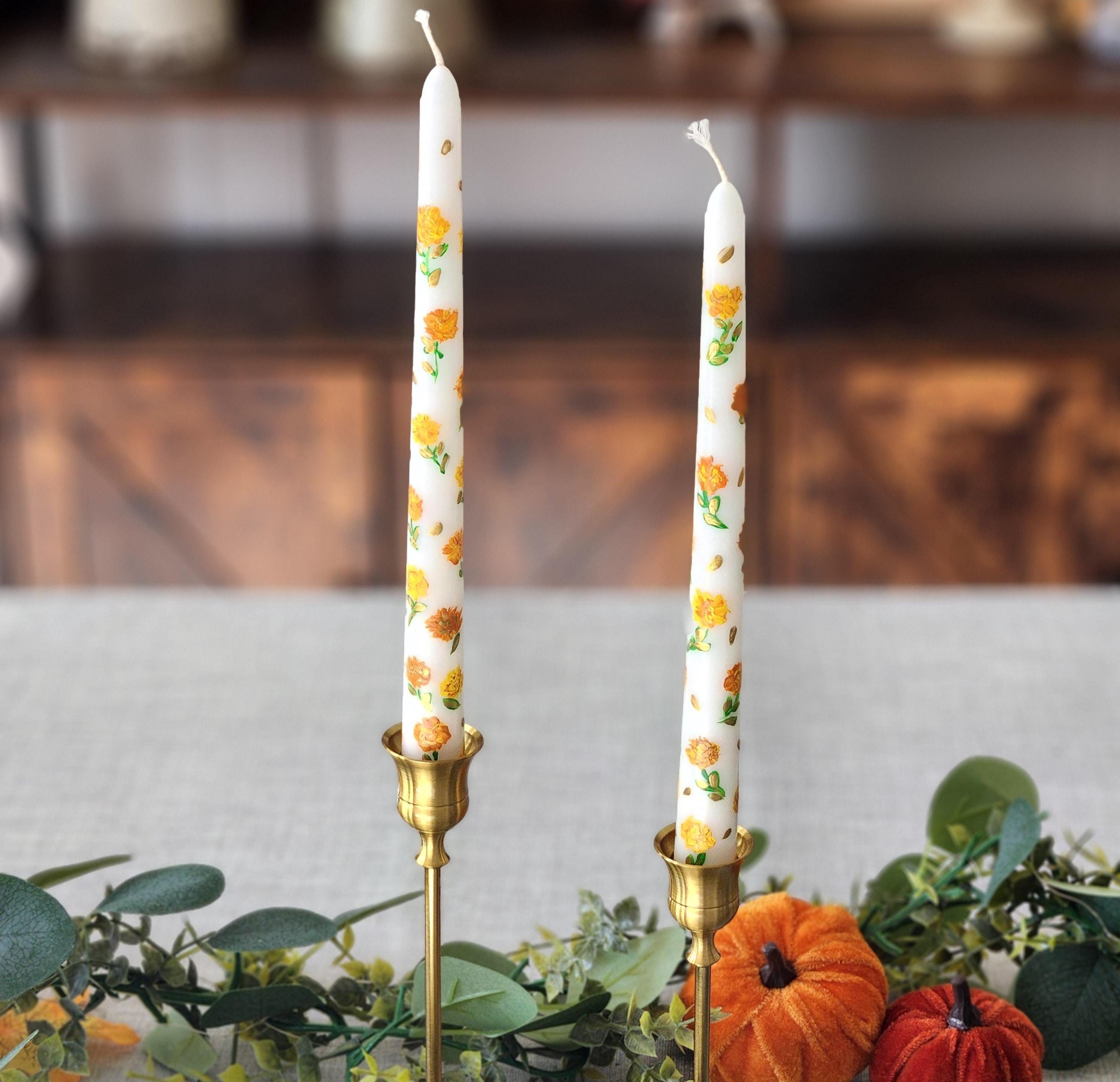 Hand-Painted Marigold Taper Candles – Set of 2, Autumn Decor