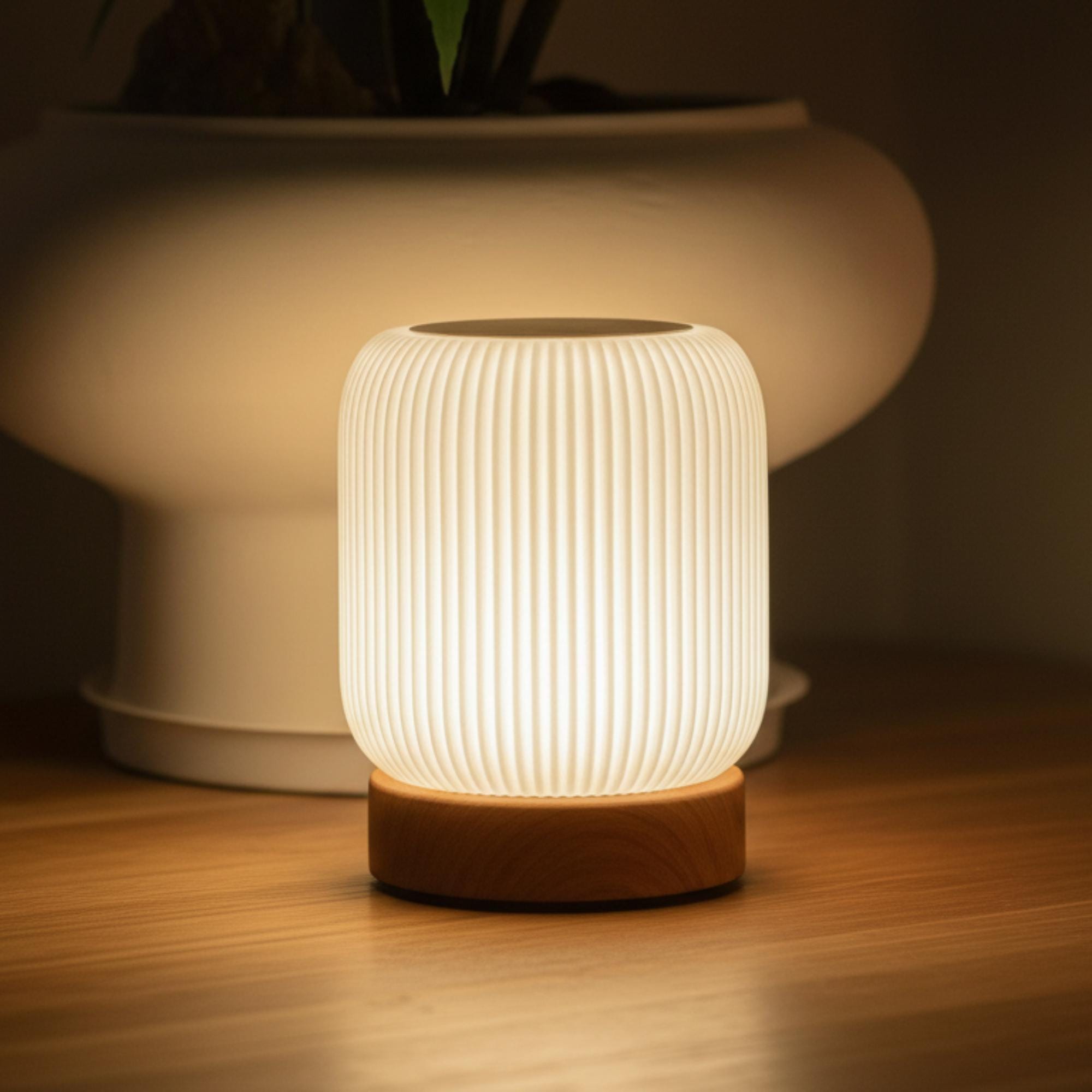 Minimalist Wooden Base Table Lamp Ribbed Plastic Shade USB C Dimmable Bedside Light