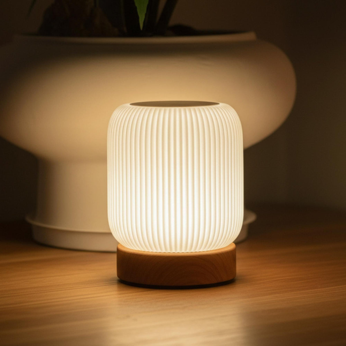 Minimalist Wooden Base Table Lamp Ribbed Plastic Shade USB C Dimmable Bedside Light