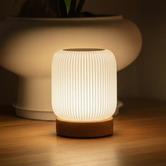 Minimalist Wooden Base Table Lamp Ribbed Plastic Shade USB C Dimmable Bedside Light
