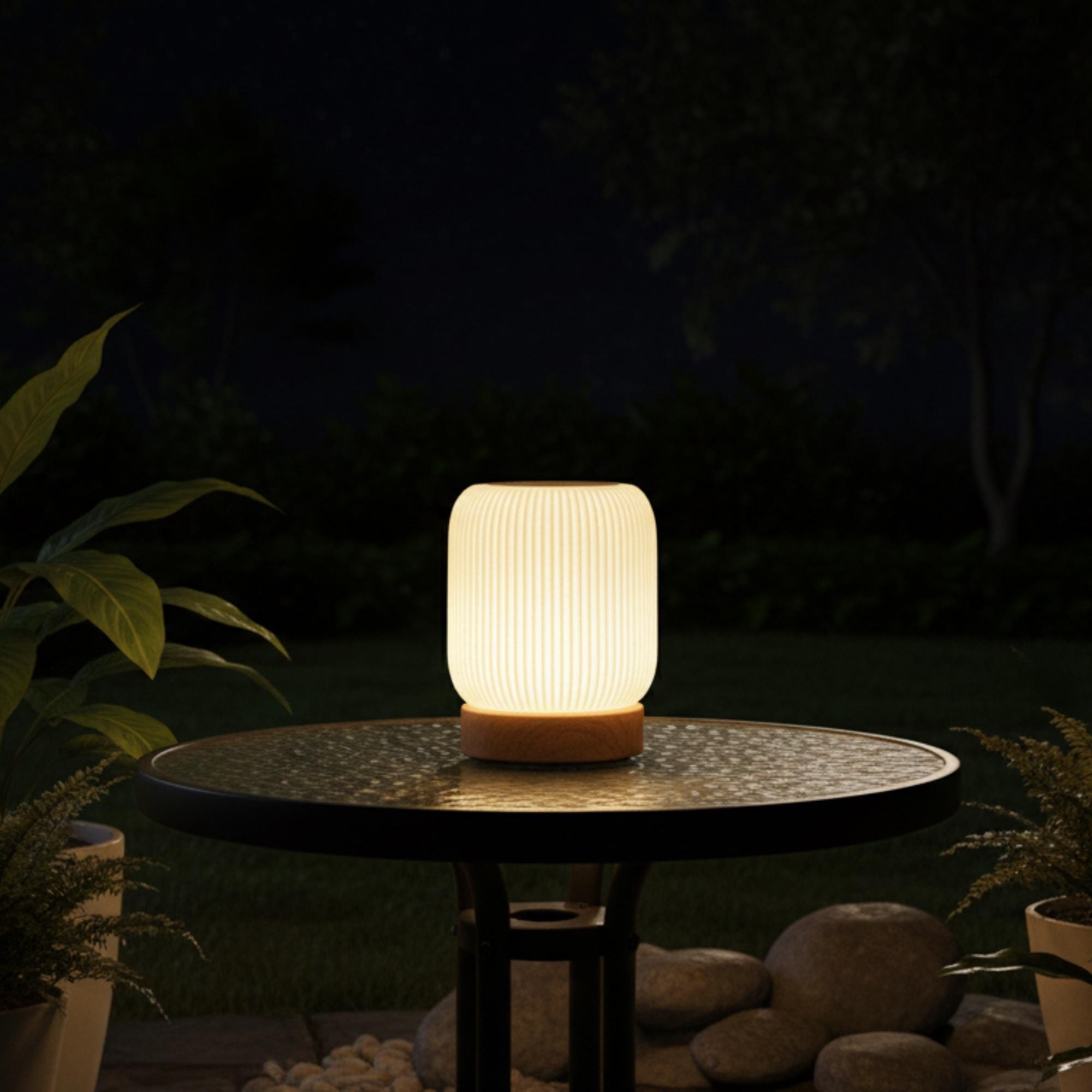 Minimalist Wooden Base Table Lamp Ribbed Plastic Shade USB C Dimmable Bedside Light