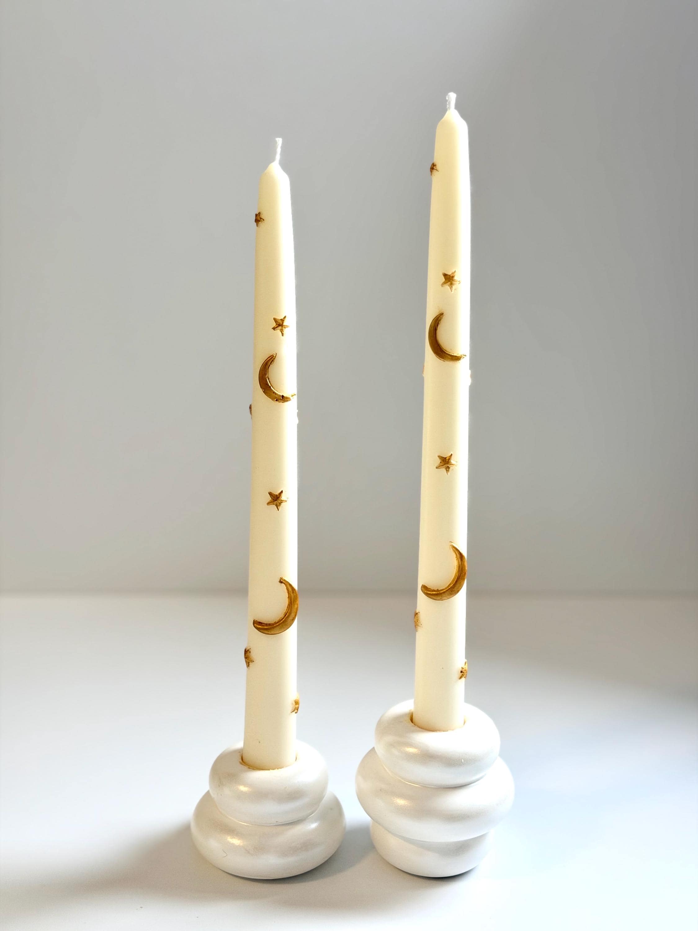 Hand-Painted Celestial Taper Candles: Stars, Moon, Scented Soy-Beeswax Blend (Set of 2)