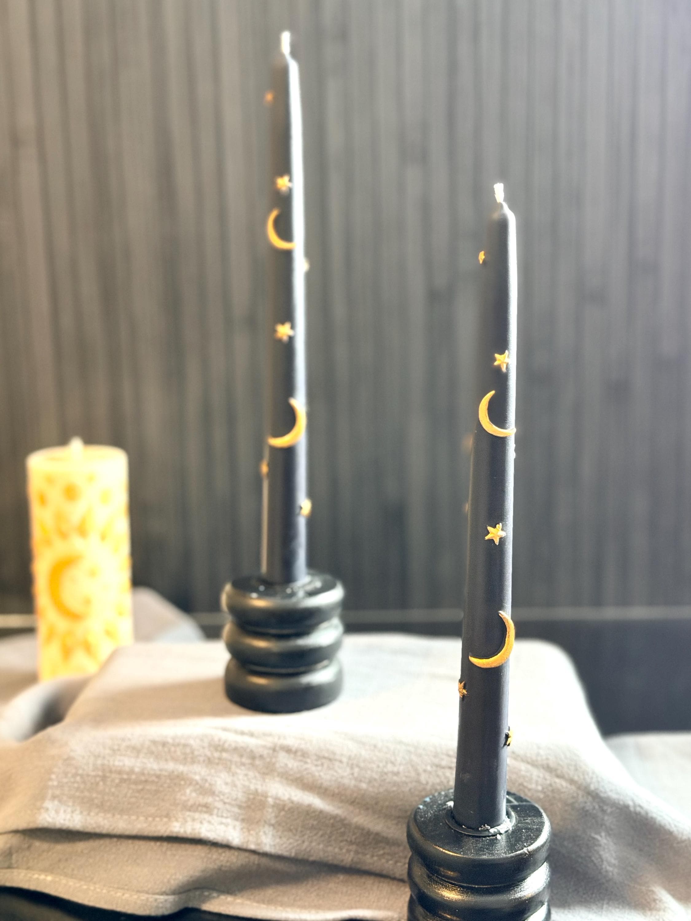 Hand-Painted Celestial Taper Candles: Stars, Moon, Scented Soy-Beeswax Blend (Set of 2)