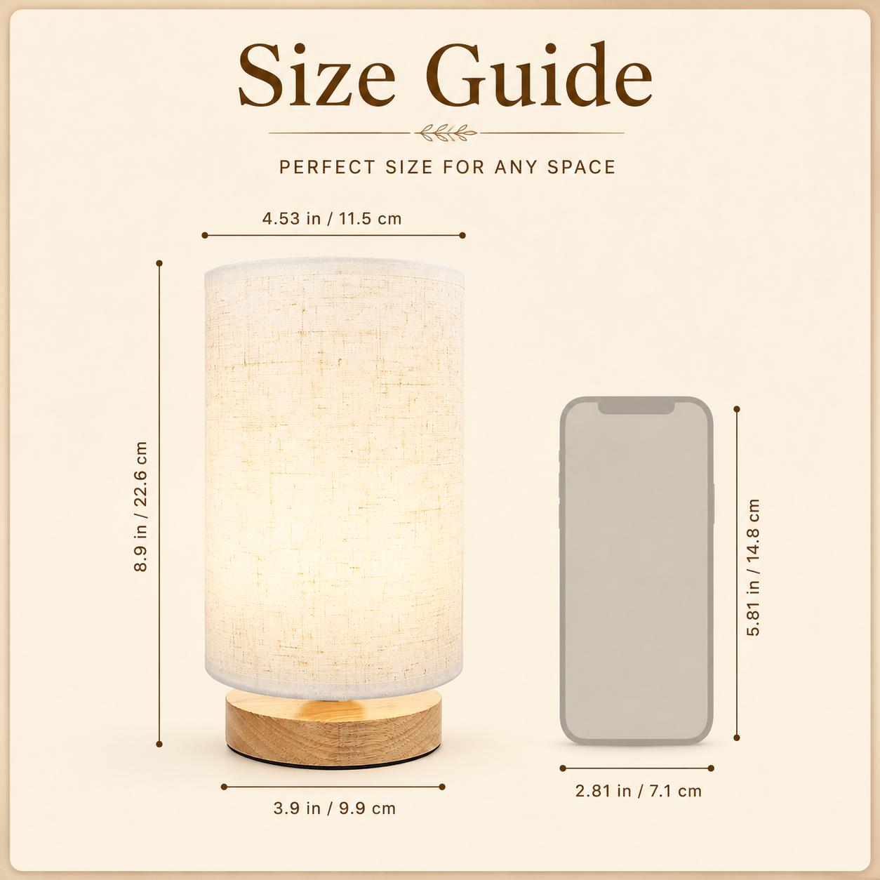 Small Bedside Table Lamp, Minimalist Wood Base Nightstand Light, Warm White Fabric Shade Lamp for Bedroom, Dorm, Nursery or Desk