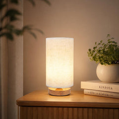 Small Bedside Table Lamp, Minimalist Wood Base Nightstand Light, Warm White Fabric Shade Lamp for Bedroom, Dorm, Nursery or Desk