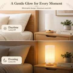 Small Bedside Table Lamp, Minimalist Wood Base Nightstand Light, Warm White Fabric Shade Lamp for Bedroom, Dorm, Nursery or Desk