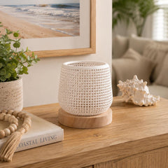 Small Minimalist Bedside Lamp, Modern Wood Base Accent Light, Soft Warm LED Table Lamp
