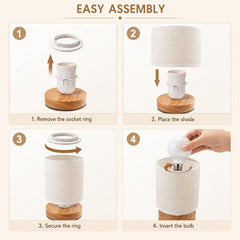 Small Bedside Table Lamp, Minimalist Wood Base Nightstand Light, Warm White Fabric Shade Lamp for Bedroom, Dorm, Nursery or Desk