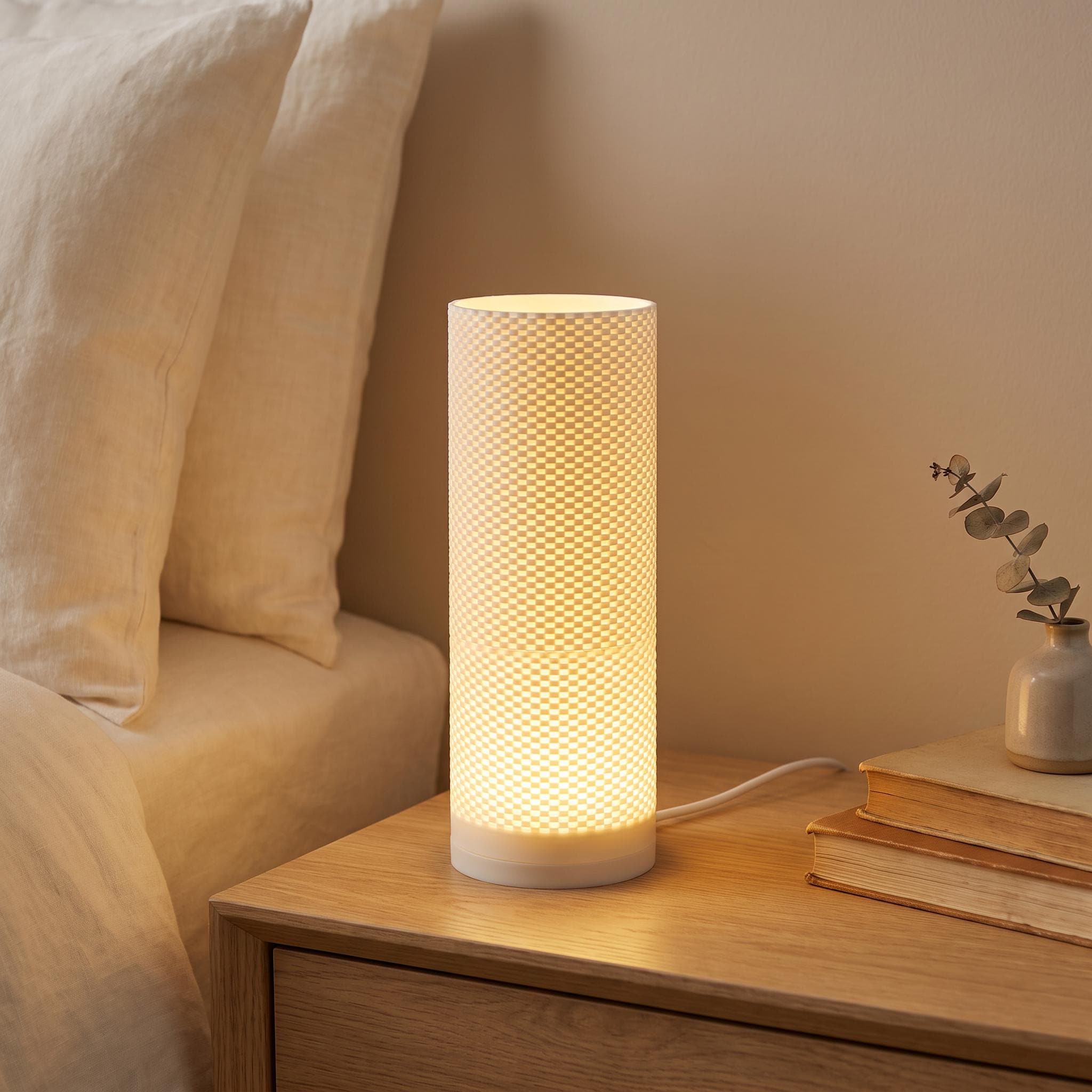 Small Cylinder Table Lamp, Dimmable Bedside Light, Warm White Texture