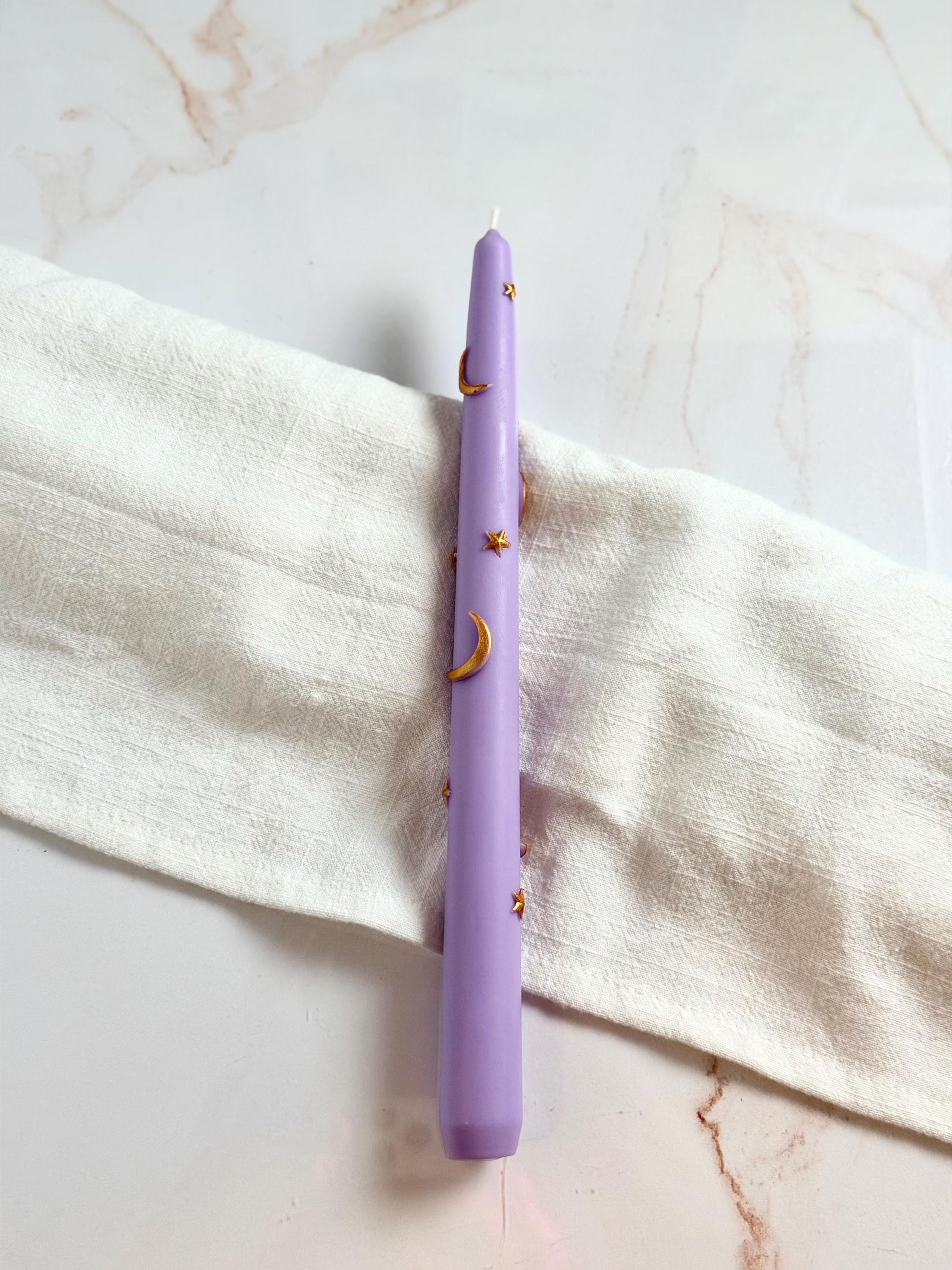 Hand-Painted Celestial Taper Candles: Stars, Moon, Scented Soy-Beeswax Blend (Set of 2)