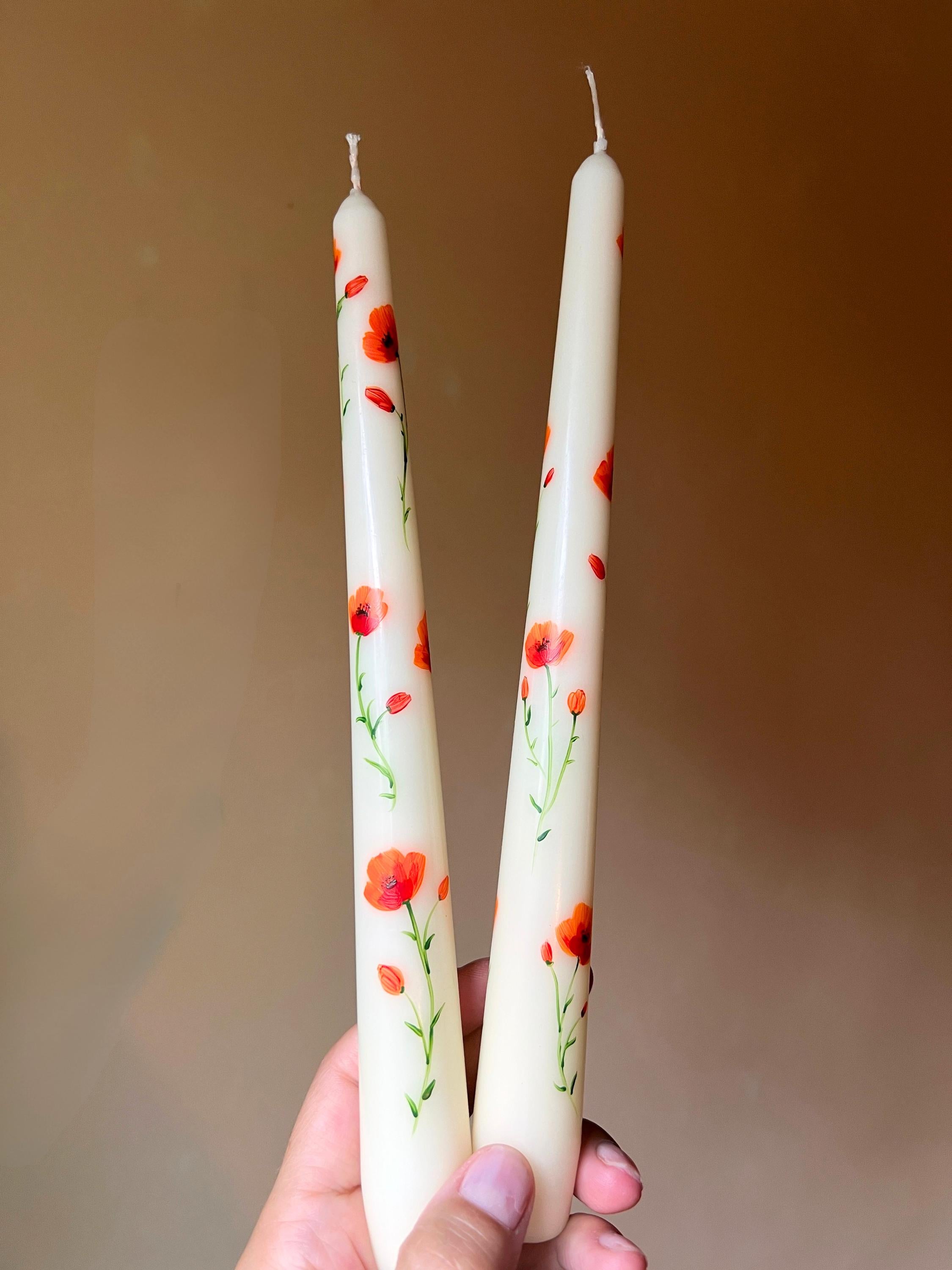 Hand-Painted California Poppy Taper Candles - Set of 2