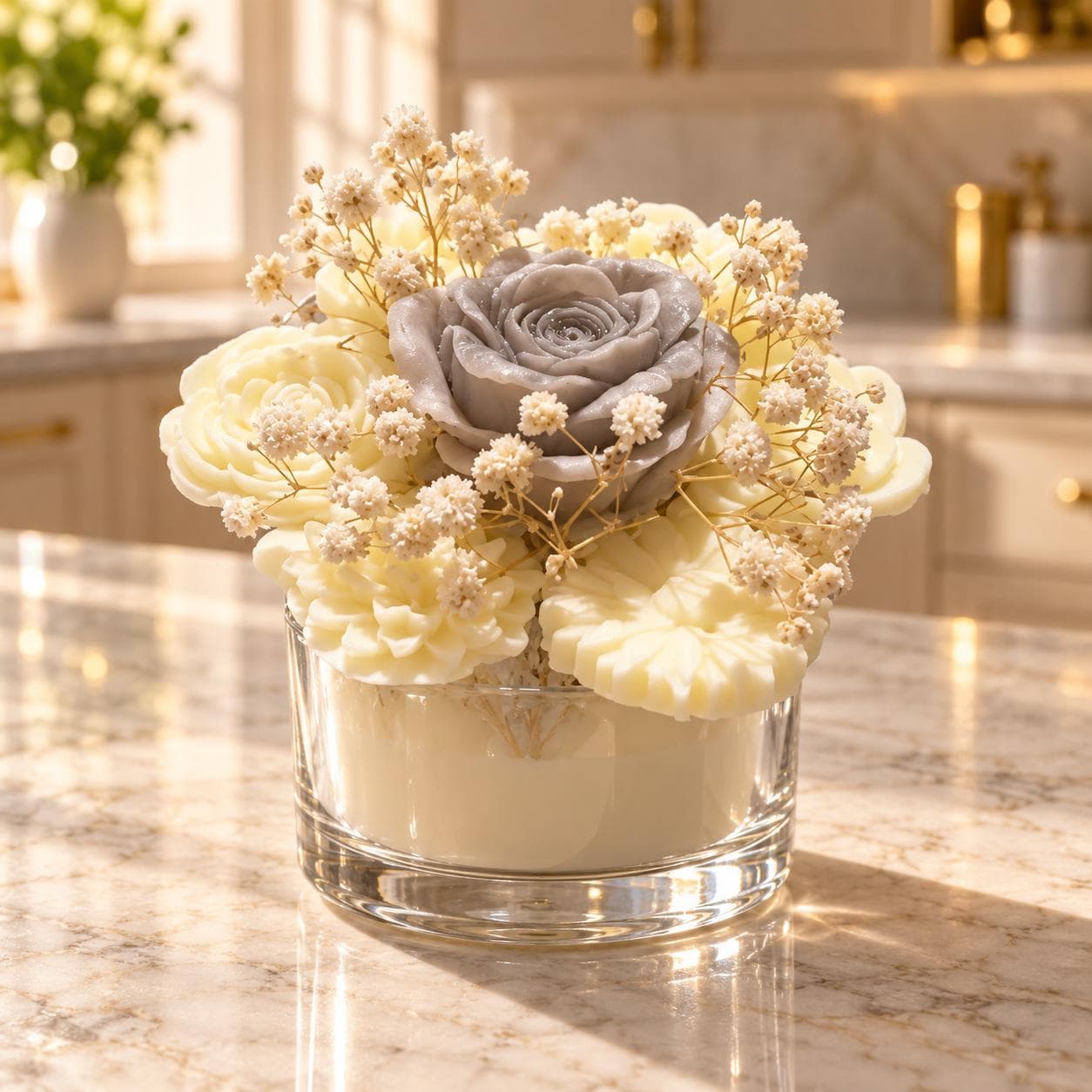 Sculpted Wax Rose Bouquet Candle in Glass Bowl