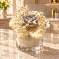 Sculpted Wax Rose Bouquet Candle in Glass Bowl