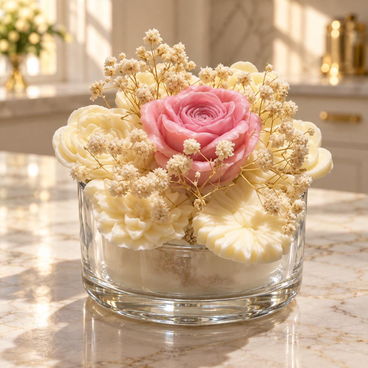 Sculpted Wax Rose Bouquet Candle in Glass Bowl