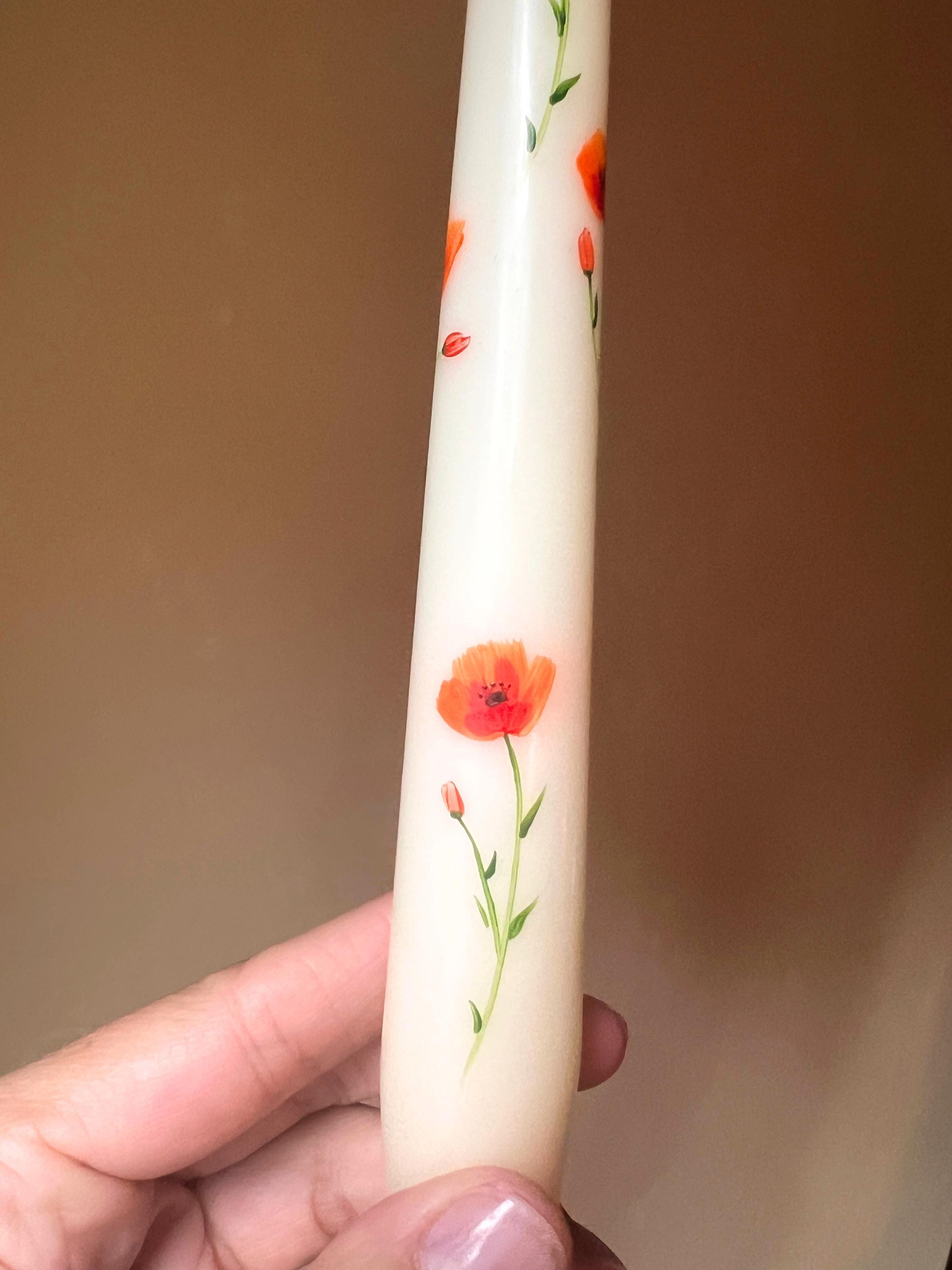 Hand-Painted California Poppy Taper Candles - Set of 2