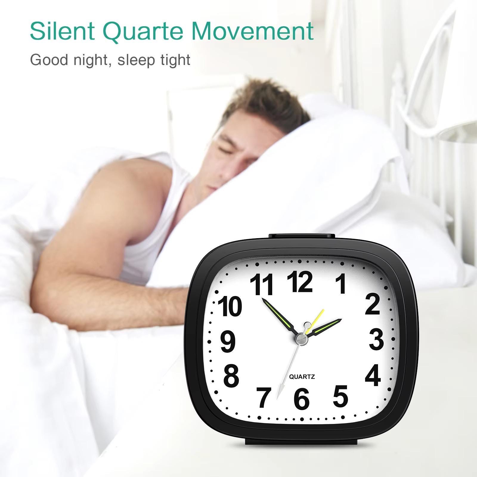 Silent Non Ticking Analog Alarm Clock with Snooze and Night Light, Battery Powered