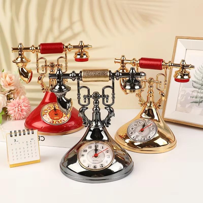 Retro Telephone Alarm Clock, Vintage Style Decorative Desk Clock, Tabletop Timepiece for Bedroom Office Nightstand Shelf Home Decor