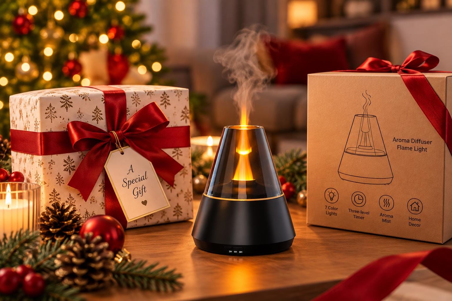 Flame Aroma Diffuser, 7 Color LED Essential Oil Humidifier, Cozy Bedroom Decor