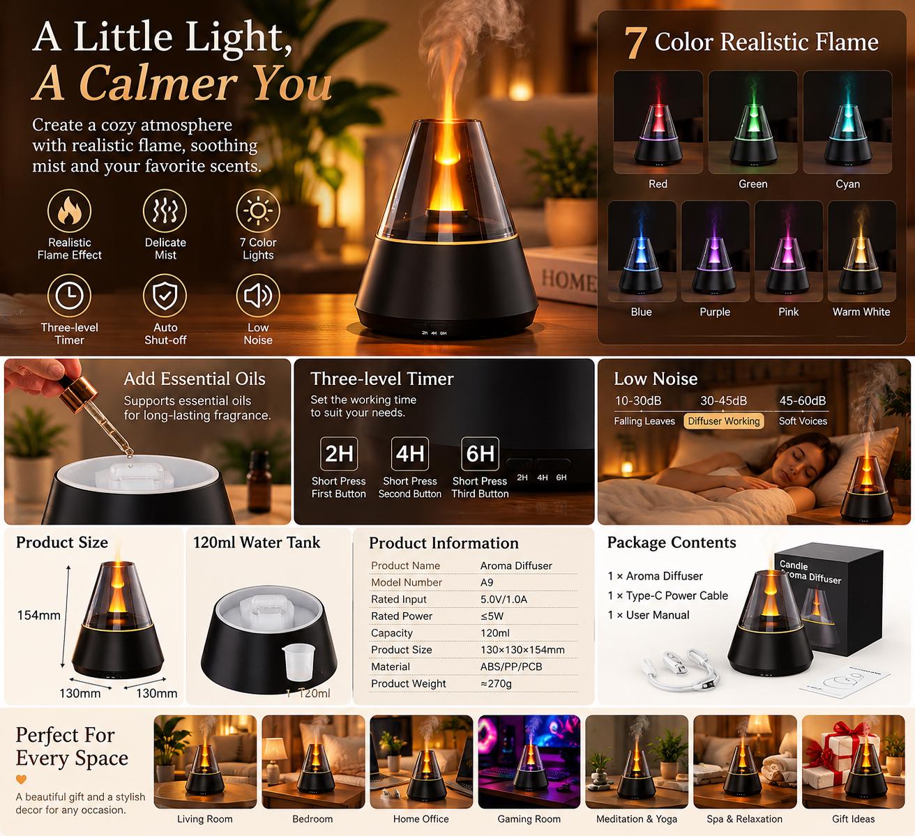 Flame Aroma Diffuser, 7 Color LED Essential Oil Humidifier, Cozy Bedroom Decor